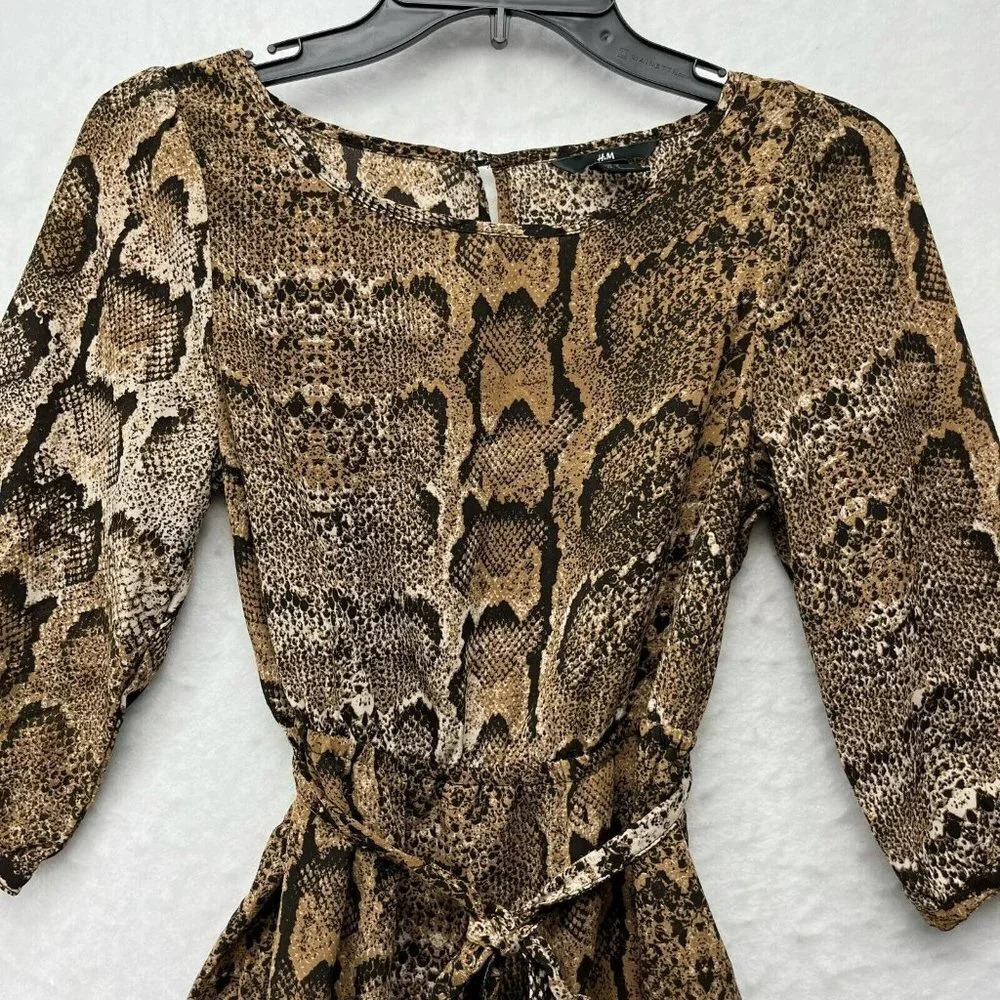 H&M Mini Dress Women's Sz 4 Brown Snake Print 3/4 Sleeve Scoop Neck Tie Waist - Picture 6 of 11